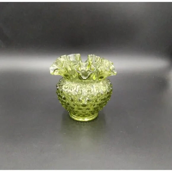 Vintage Fenton Green Glass Hobnail Vase Bowl Ruffled Edge  Candy Dish - Picture 2 of 4